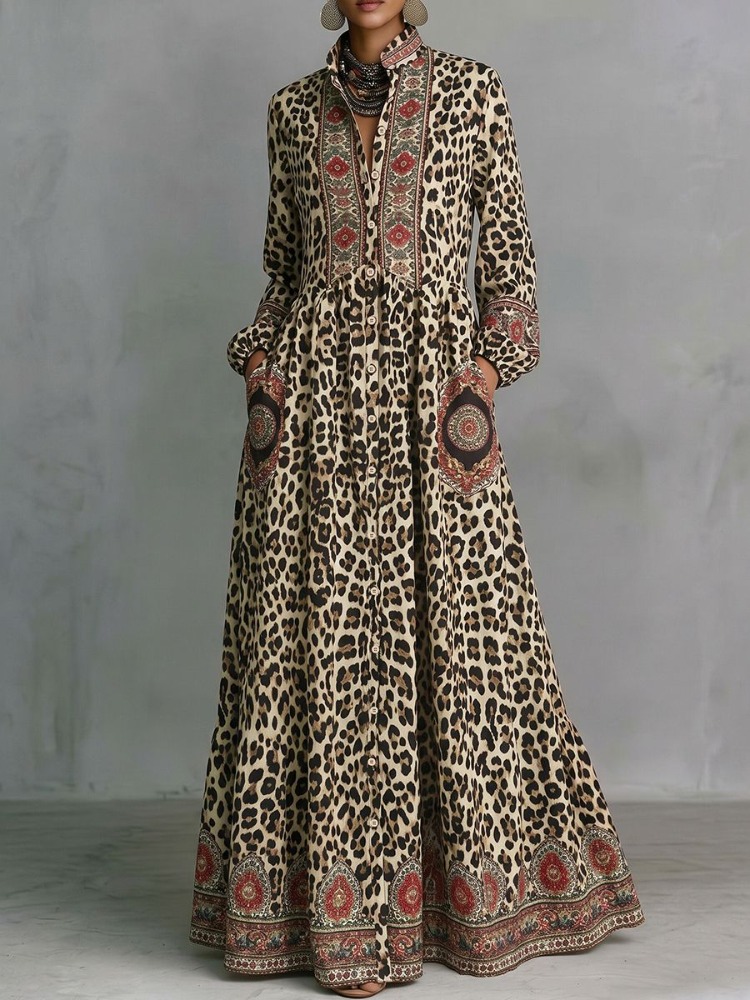 Ethnic Fashion Wear - UOOZEE 2026 ヴィンテージエスニックプリントヒョウ柄マキシドレス女性長袖ハイウエストエレガントイブニングスタンドカラーシャツドレス