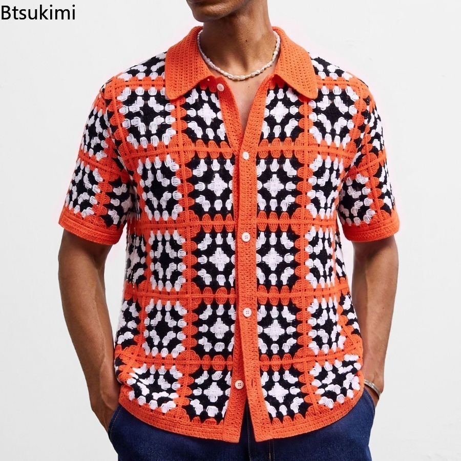 Urban Ethnic Fashion - ニューレトロエスニックスタイルメンズニットカーディガン トップス アーバンファッション ホローアウトクロシェシャツ 高品質ジャカードポロシャツ