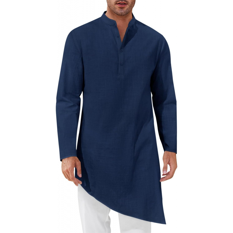 Kurta Men Cotton - メンズカフタンローブ、トーブ、コットン長袖ヘンリーシャツ、カジュアルムスリムガウン、クルタトップス