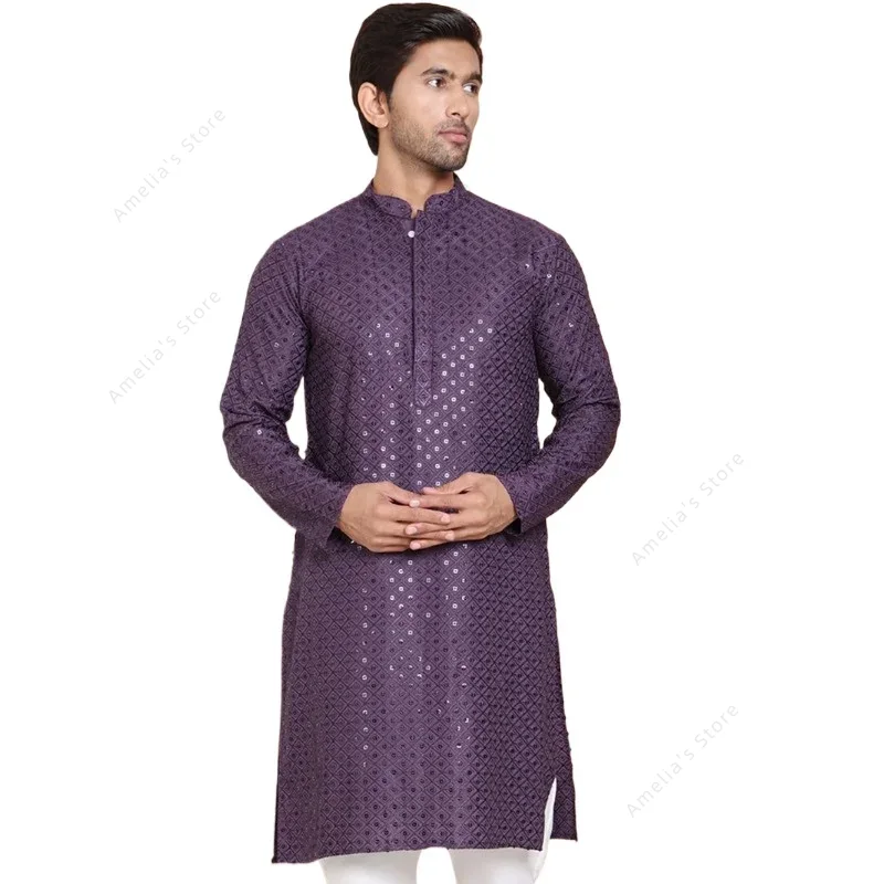 Kurta Men Cotton - インドメンズクルタチュニックコットン軽量ロングシャツスパンコール付きスタンドカラー結婚式フェスティバルエスニック服トップス