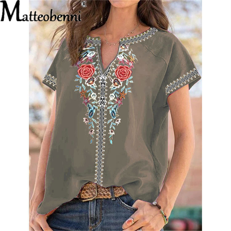 Urban Ethnic Fashion - 夏の女性のアーバンレジャー V ネックプリント半袖 Tシャツレディースエスニックスタイルカジュアルルーズ自由奔放に生きるレトロ原宿特大トップス
