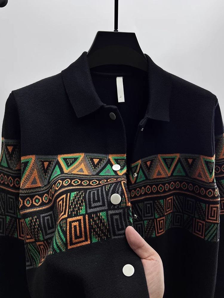 Urban Ethnic Fashion - ファッショナブルなメンズニットカーディガン襟付きセーターブラックエスニックテイクオフショルダージャケット春秋長袖アーバンスタイル