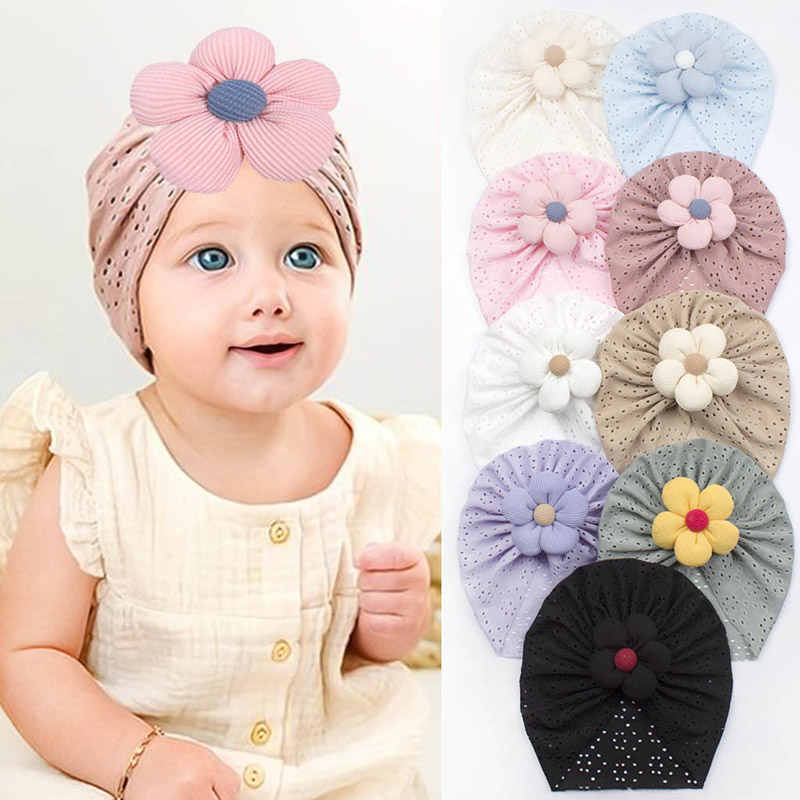 Ethnic Fashion India - 赤ちゃん用の通気性のある透かし彫りのインドの帽子,単色の綿のターバン,子供用のヘッドスカーフ,赤ちゃん用のヘアアクセサリー,3D花,夏