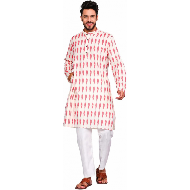 Kurta Men Cotton - メンズ純綿クルタパジャマセットギフト、プリント入り膝丈カジュアルウェア、エスニック長袖トップス、結婚式やお祭りに