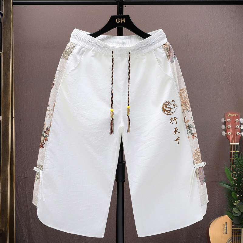 Urban Ethnic Fashion - アイスシルクカジュアルショーツメンズ夏の新スタイルセブンファイブパンツユースファッションアーバンルーズフィットポリエステル綿ナイロンブレンド