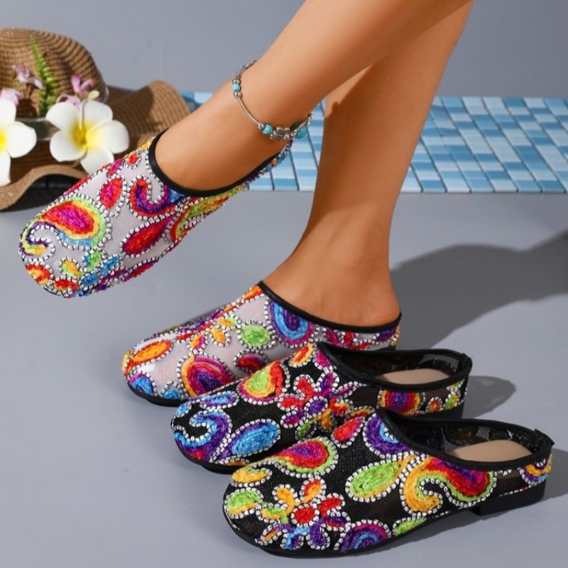 Ethnic Modern Fashion - レトロスタイルエスニック刺繍刺繍スリッパ夏包頭ソフトソール外側ファッション女性の靴