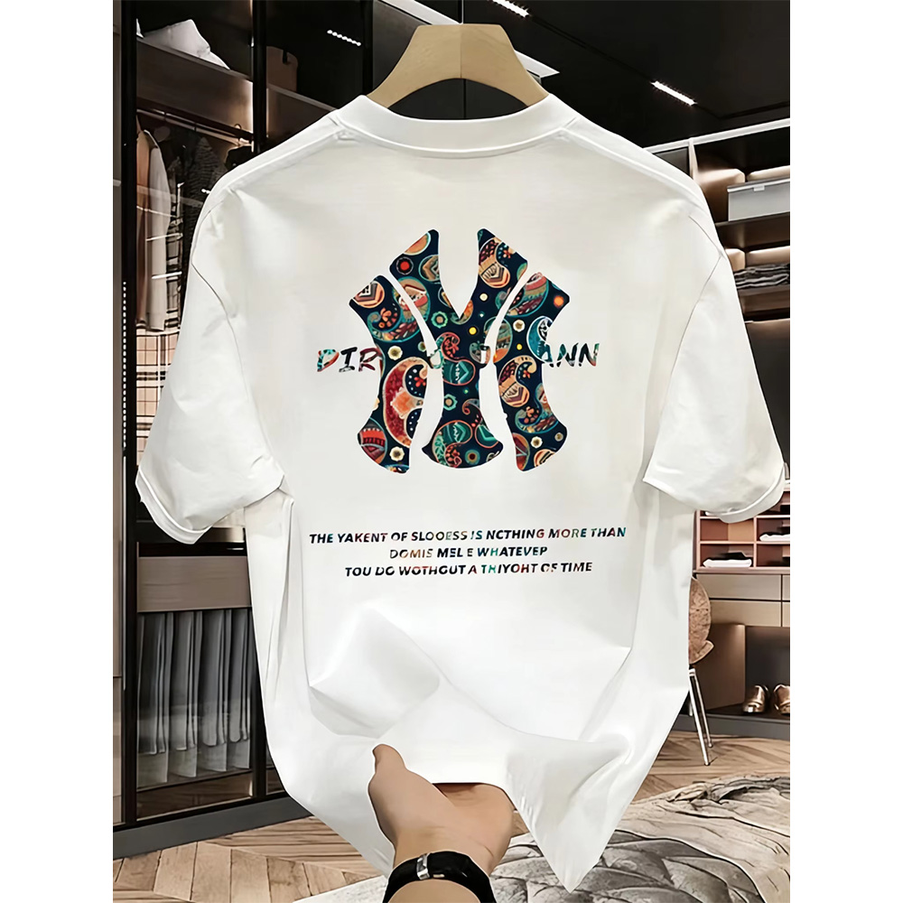 Urban Ethnic Fashion - メンズ＆レディース ニューヨークレター ペイズリープリント サイクリングTシャツ 通気性のあるエスニックカジュアルストリートウェア 半袖トップス