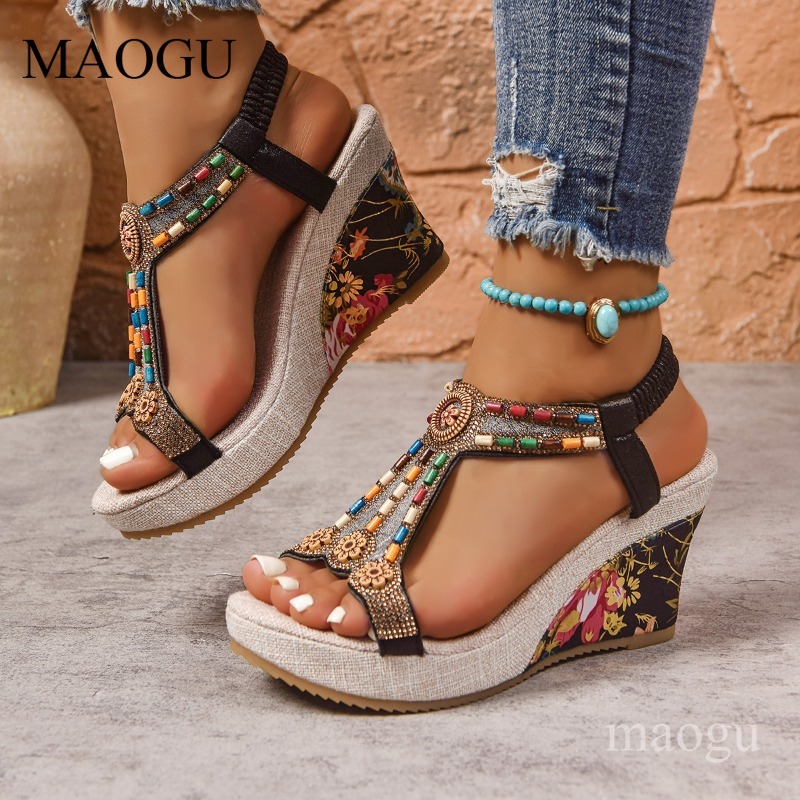 Ethnic Modern Fashion - ボヘミアンビーズ付き花柄ウェッジサンダル女性用オープントゥ弾性アンクルストラップ花柄プリントプラットフォームヒールエスニックザパトスデムジェ