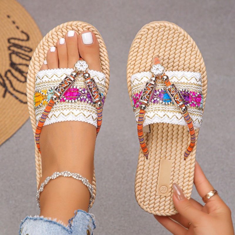 Ethnic Modern Fashion - 女性スリッパ屋外手織り靴女性大きいサイズボヘミアンエスニックフラットサンダルファッションタッセルビーチスリッパスライド女性