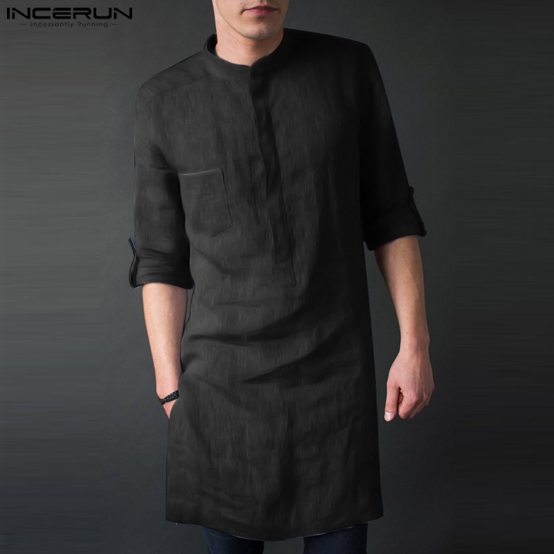 Kurta Men Cotton - インセルン-メンズ長袖ミドル丈Tシャツ,無地のイスラム教徒の服,インドのクルタ,10代のカフタン,新しいファッション,5xl,2024