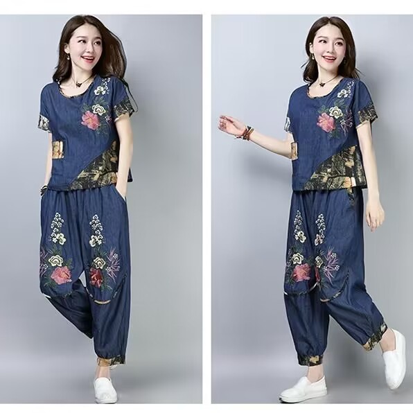 Ethnic Fashion Wear - エスニックスタイルプラスサイズレディーススーツ夏新作刺繍花柄ファッショントップスワイドレッグパンツ3点セットカジュアルウェア