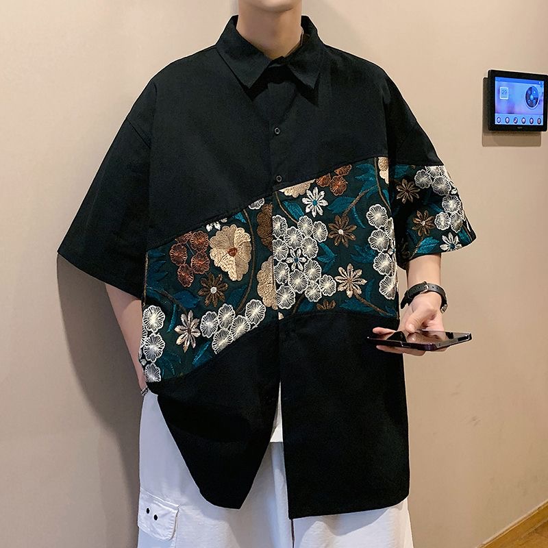 Urban Ethnic Fashion - XXL エスニックスタイル刺繍メンズサマーシャツデザイントップス男性ハンサムインシックトレンディファッションパーティーブラウスカジュアルストリートウェア