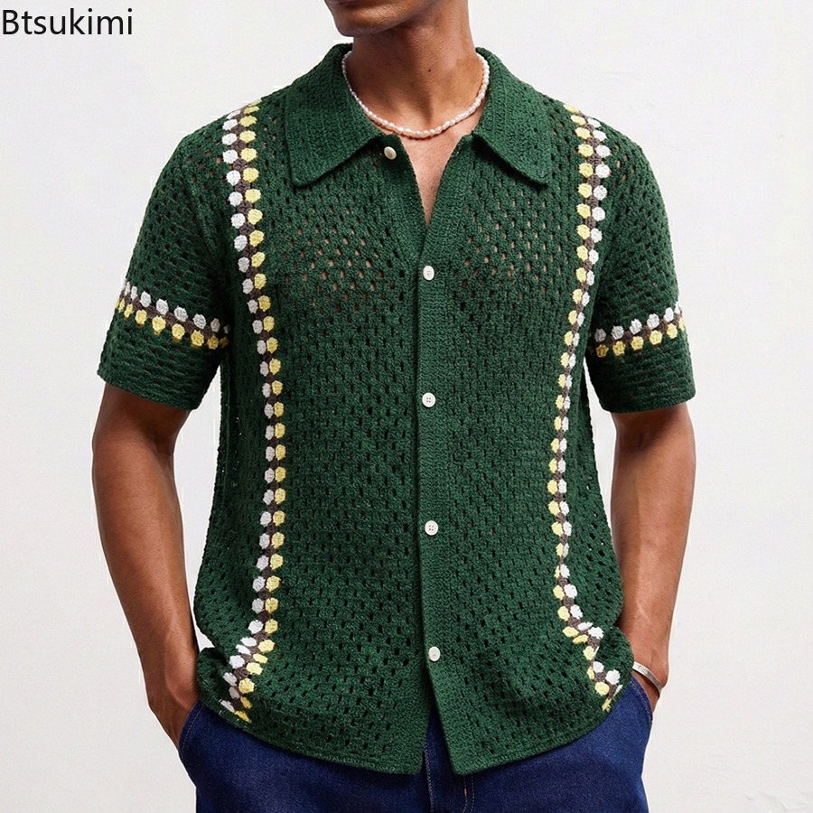 Urban Ethnic Fashion - 新しいレトロエスニックスタイル男性カーディガンアーバンファッション中空花柄ニット半袖シャツ夏ジャカードニットトップス