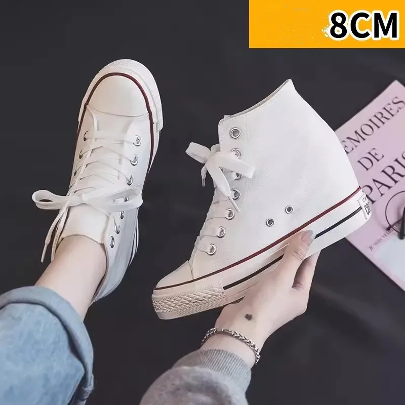 Ethnic Modern Fashion - 女性用ハイ8cmプラットフォームキャンバスシューズ、隠しヒール、ハイカットカジュアルシューズ、ファッショナブルな厚底ウェッジスニーカー