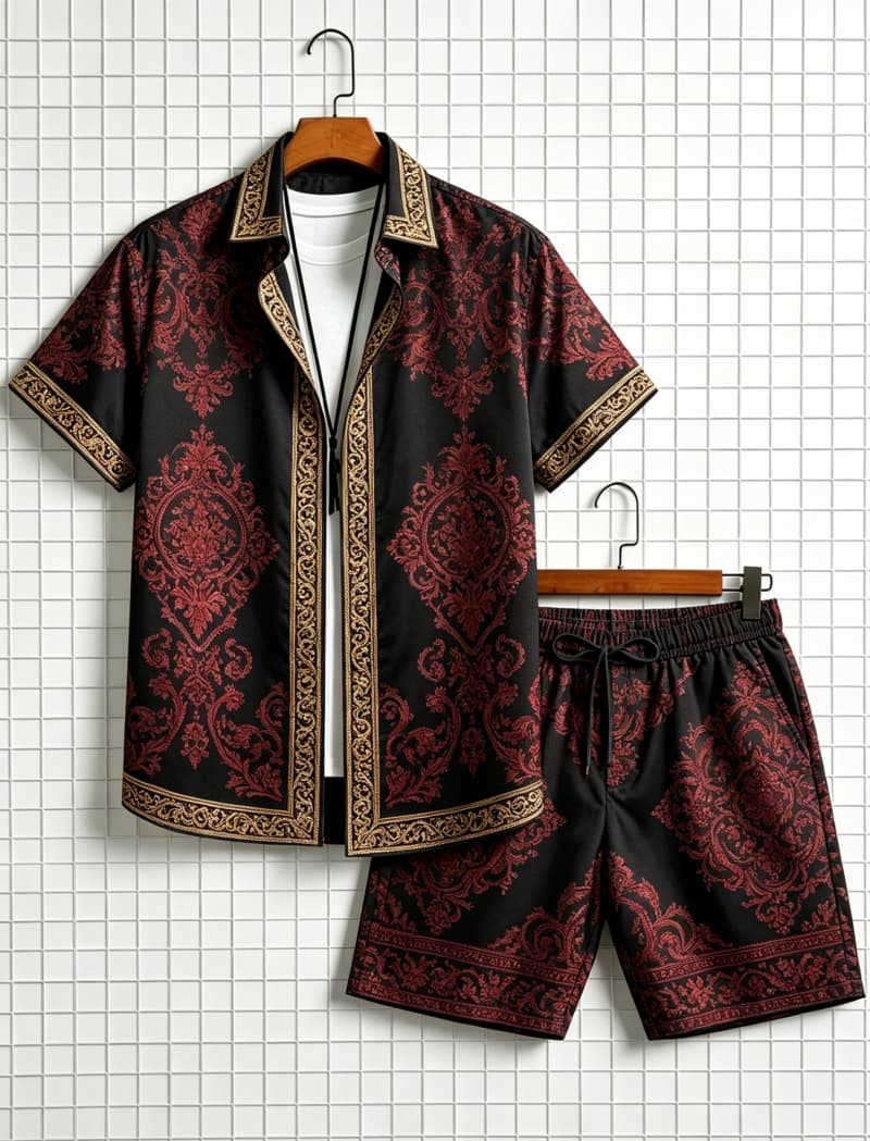 Ethnic Fashion - メンズエスニック柄プリント半袖シャツとショートパンツのセット、爽やかで上品なスタイル、普段着やアウトドア旅行に最適