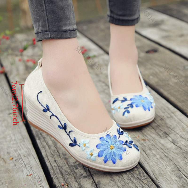 Ethnic Fashion - 刺繍入り女性用コンフォートウェッジプラットフォームシューズ、ファッションボウノットレディースハイヒールパンプス、ヴィンテージエスニック女性用ヒール付きフットウェア