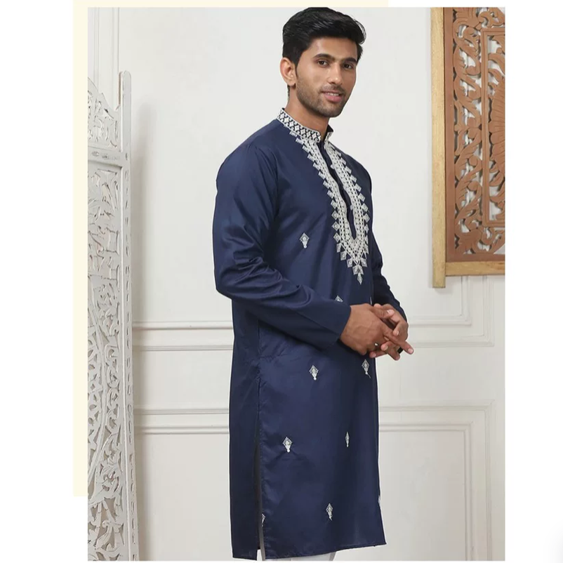 Kurta Men Cotton - インド民族風の伝統的なシルク刺繍の薄手トップスメンズコート