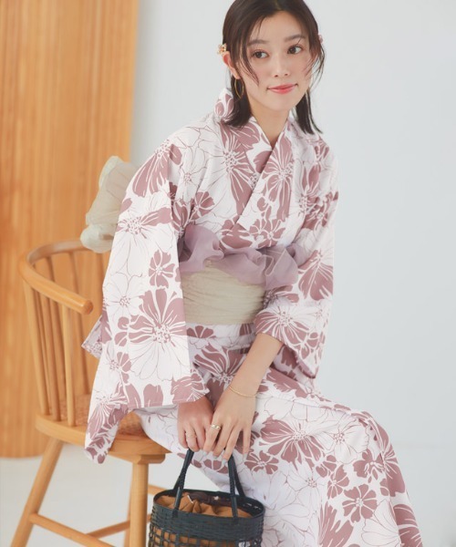 Ethnic Fashion Wear - 伝統的な浴衣着物綿麻素材ガールズドレスピンクひまわり夏のファッションレディースエスニックウェアステージ衣装