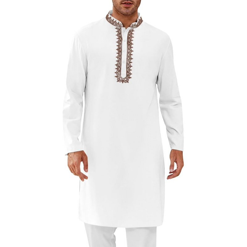 Kurta Men Cotton - メンズカフタン・トーブ・コットンヘンリーシャツ・長袖刺繍ローブ・カジュアルクルタ・ムスリムガウンシャツ