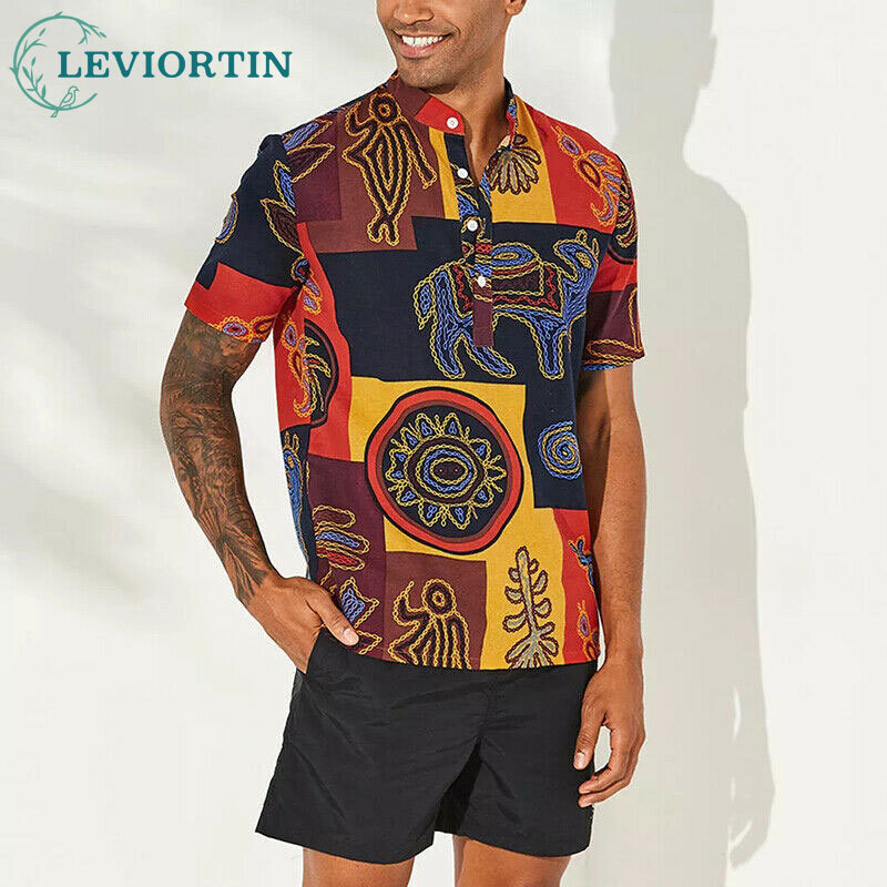 Men'S Ethnic Fashion Trends - 2025 夏の新しいヨーロッパとアメリカのエスニックスタイルプリントシフォンスタンドアップカラーメンズカジュアルファッショントレンド多用途シャツ