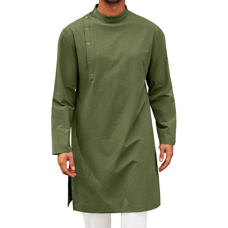 Kurta Men Cotton - メンズカフタン・トーブ・ローブ、長袖コットンヘンリーシャツ、カジュアルムスリムガウン、サルワール・クルタ