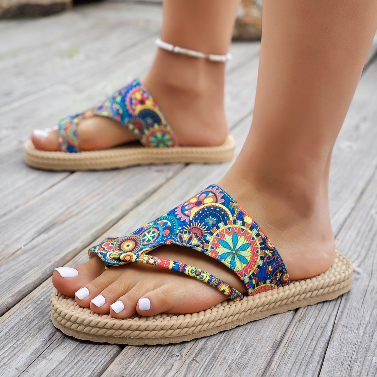 Ethnic Modern Fashion - 女性スリッパオープントゥスリップオンカラフルなビーチシューズファッションプラットフォームサンダルエスニック軽量スリッパ夏スライド女性