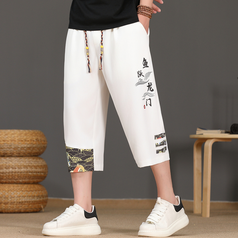 Urban Ethnic Fashion - メンズ夏用アイスシルク薄手カジュアルワイドレッグパンツルーズフィットファッション都会風通気性快適ポリエステル繊維ショーツ