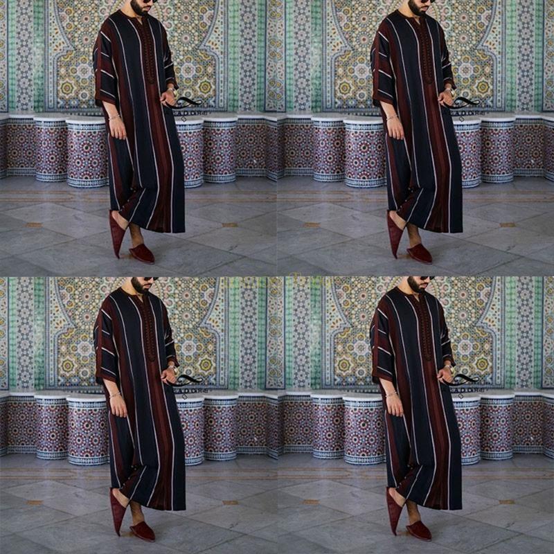 Ethnic Fashion Pakistan - 31BF ファッション男性エスニックスタイルシャツラマダンガウンモロッコローブストライプロングトーブ