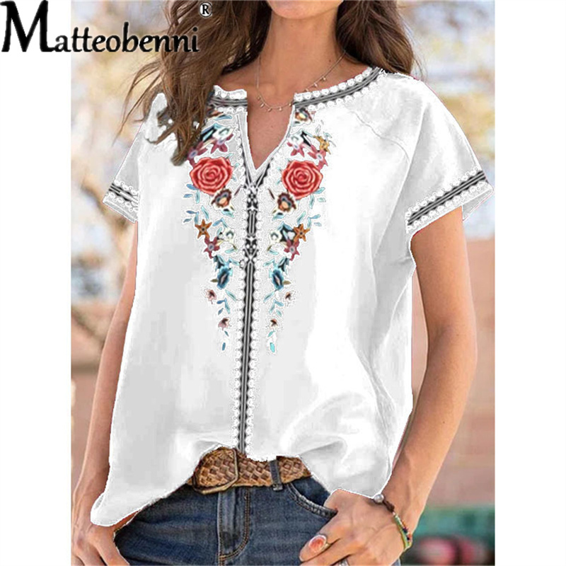 夏の女性のアーバンレジャー V ネックプリント半袖 Tシャツ - Urban Ethnic Fashion のレビューと価格