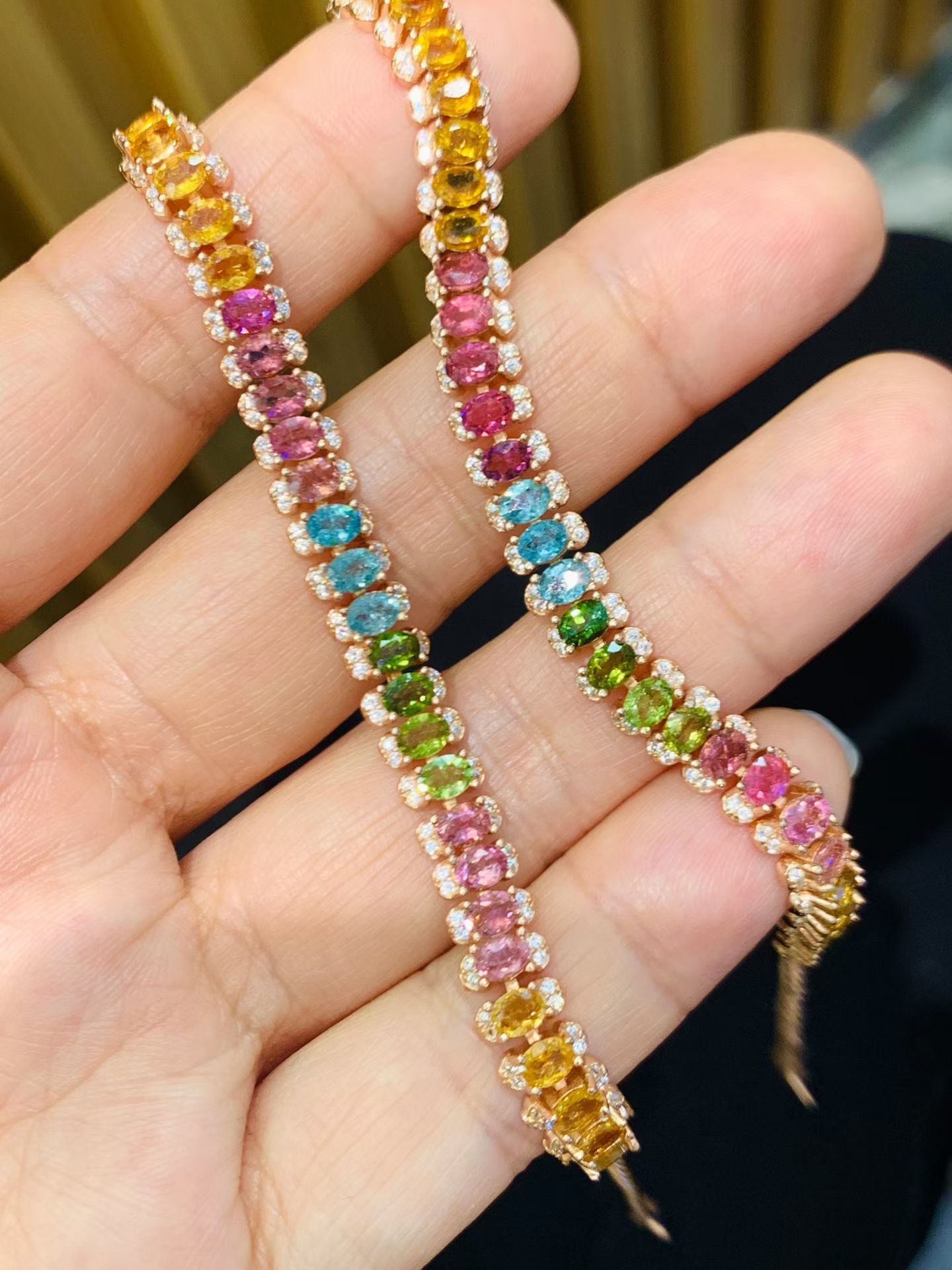 925シルバーメッキ18Kゴールド天然トルマリン宝石ブレスレ - Ethnic Fashion Boutique のレビューと価格