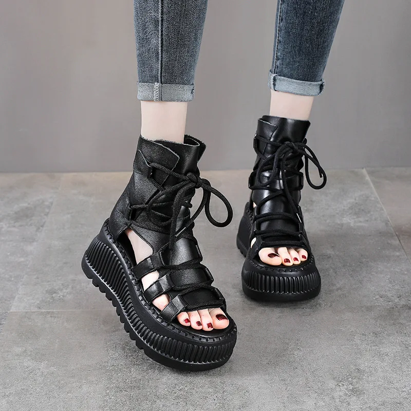 8 センチメートルエスニック牛本革アンクルブーツ女性中空ピー - Ethnic Modern Fashion のレビューと価格