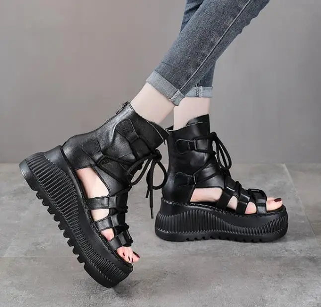8 センチメートルエスニック牛本革アンクルブーツ女性中空ピー - Ethnic Modern Fashion のレビューと価格