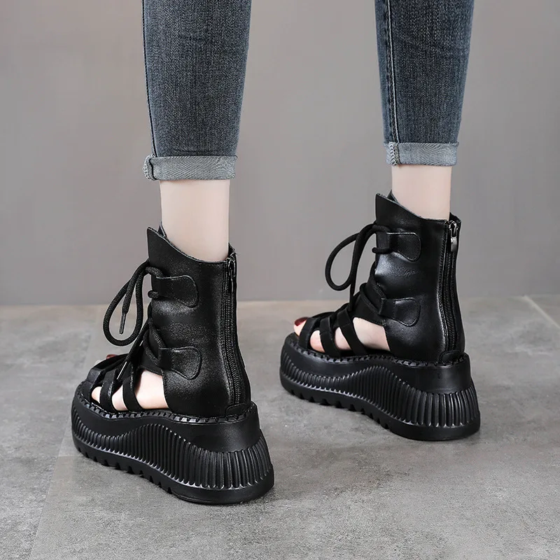 8 センチメートルエスニック牛本革アンクルブーツ女性中空ピー - Ethnic Modern Fashion のレビューと価格