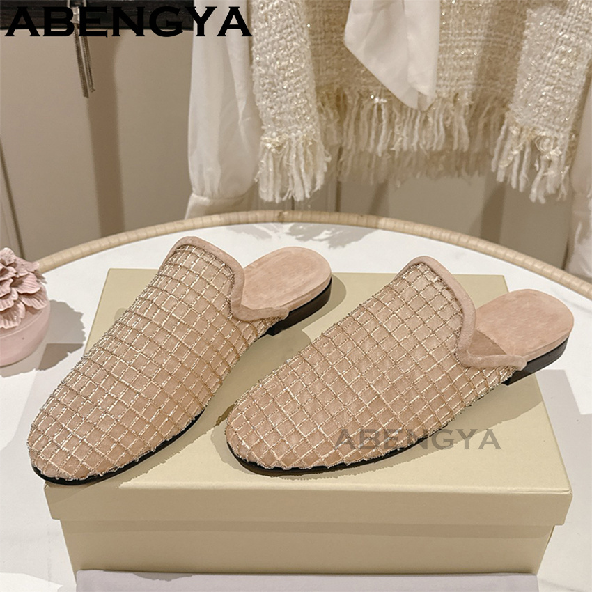 光沢のあるレースメッシュラウンドトゥフラットスリッパ レディ - Ethnic Fashion のレビューと価格