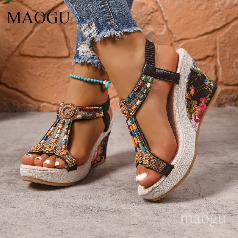 ボヘミアンビーズ付き花柄ウェッジサンダル女性用オープントゥ弾 - Ethnic Modern Fashion のレビューと価格