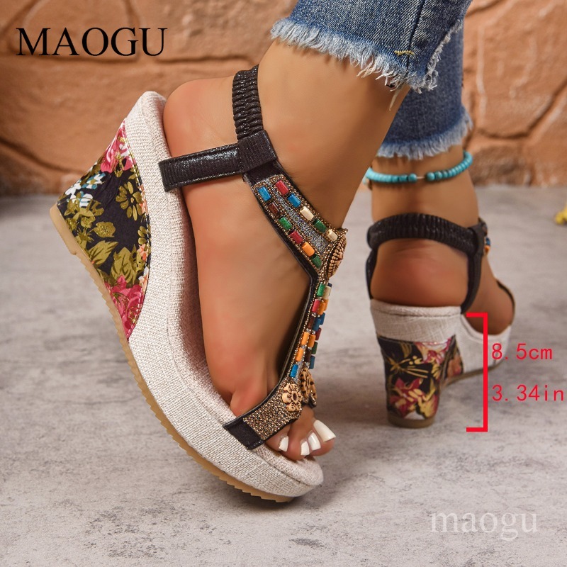 ボヘミアンビーズ付き花柄ウェッジサンダル女性用オープントゥ弾 - Ethnic Modern Fashion のレビューと価格