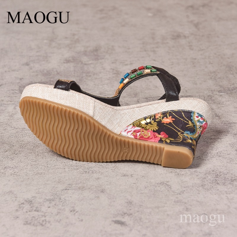 ボヘミアンビーズ付き花柄ウェッジサンダル女性用オープントゥ弾 - Ethnic Modern Fashion のレビューと価格