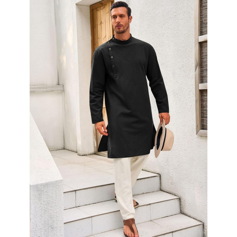 メンズカフタン・トーブ・ローブ、長袖コットンヘンリーシャツ、 - Kurta Men Cotton のレビューと価格