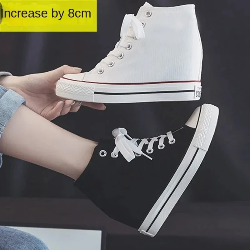 女性用ハイ8cmプラットフォームキャンバスシューズ、隠しヒー - Ethnic Modern Fashion のレビューと価格