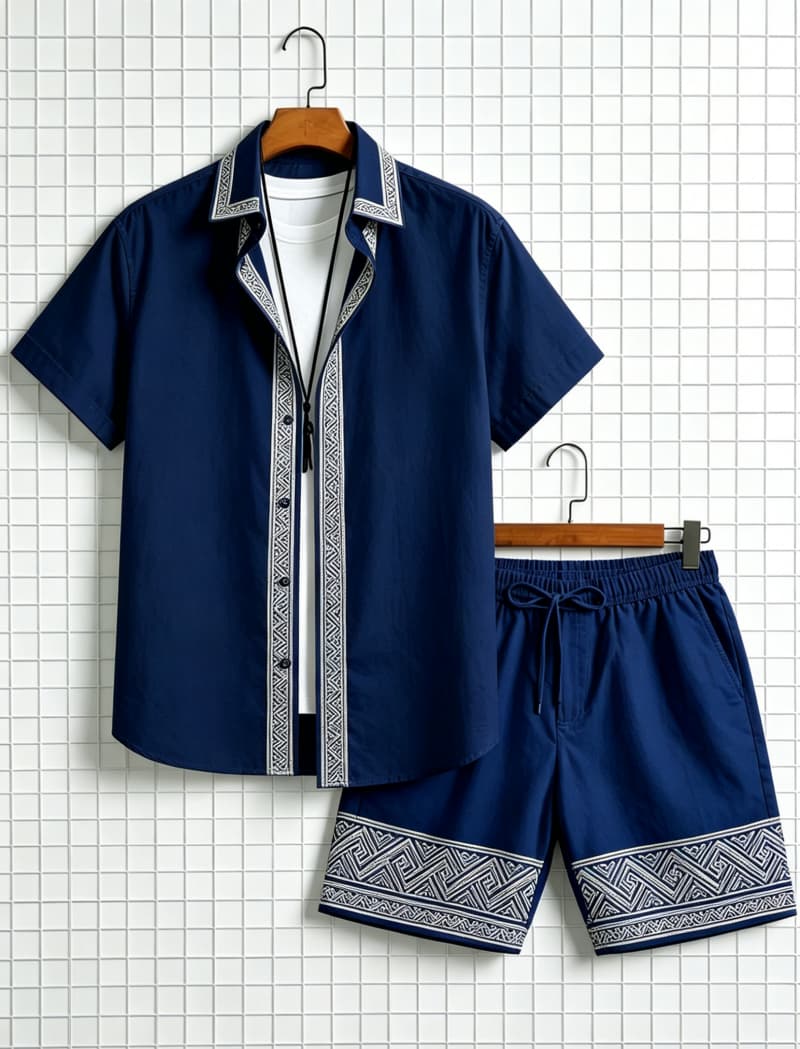 メンズエスニック柄プリント半袖シャツとショートパンツのセット - Ethnic Fashion のレビューと価格