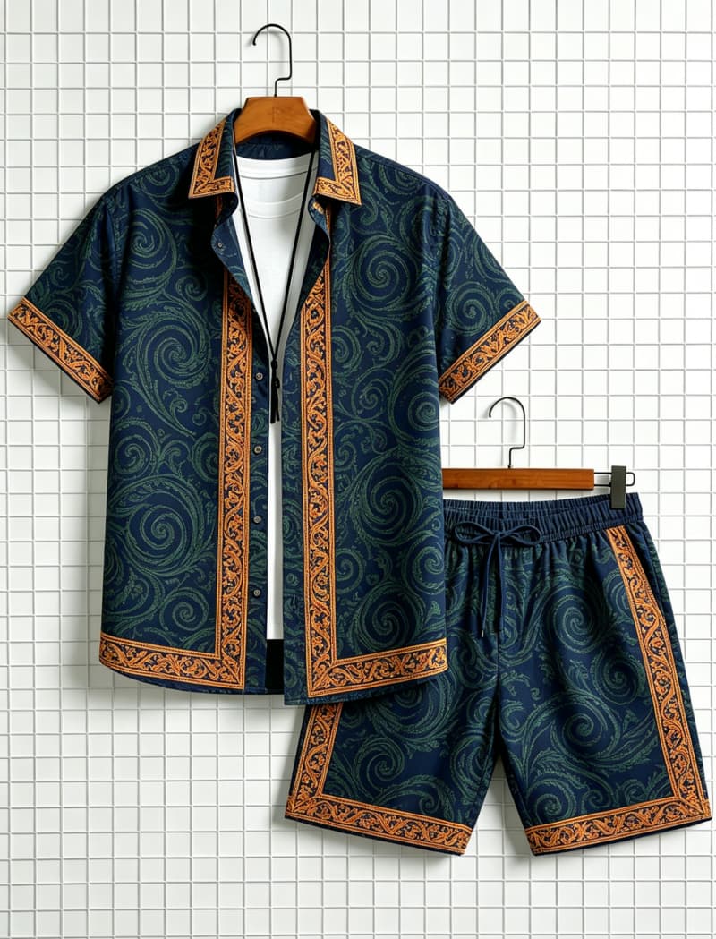 メンズエスニック柄プリント半袖シャツとショートパンツのセット - Ethnic Fashion のレビューと価格