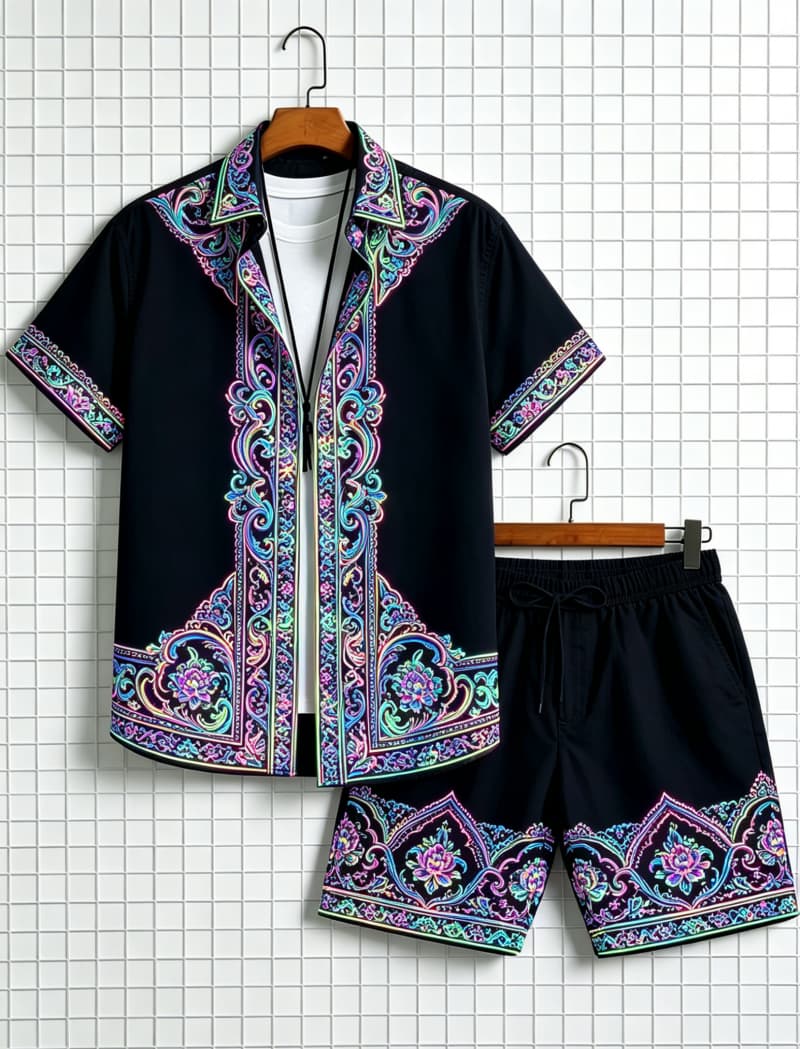 メンズエスニック柄プリント半袖シャツとショートパンツのセット - Ethnic Fashion のレビューと価格