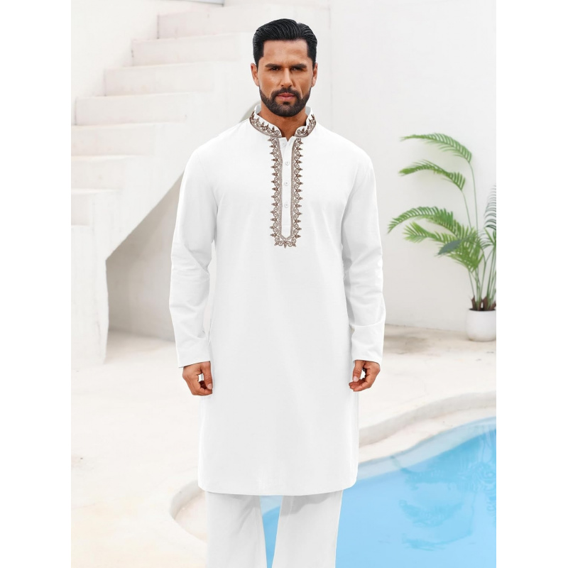 メンズカフタン・トーブ・コットンヘンリーシャツ・長袖刺繍ロー - Kurta Men Cotton のレビューと価格