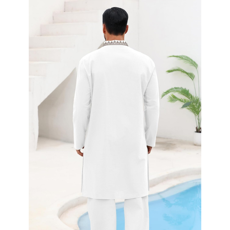 メンズカフタン・トーブ・コットンヘンリーシャツ・長袖刺繍ロー - Kurta Men Cotton のレビューと価格