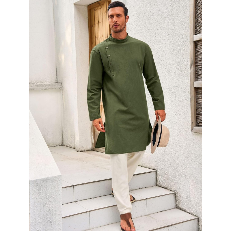 メンズカフタン・トーブ・ローブ、長袖コットンヘンリーシャツ、 - Kurta Men Cotton のレビューと価格
