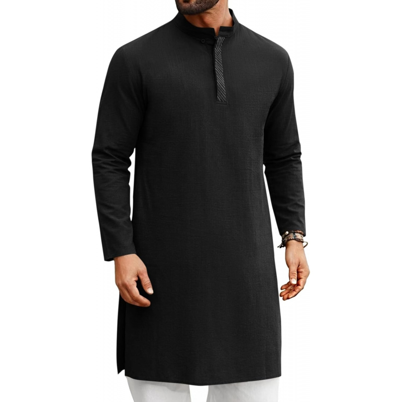 メンズカフタン・トーブ長袖カジュアルヘンリーシャツ、ボタンダ - Kurta Men Cotton のレビューと価格