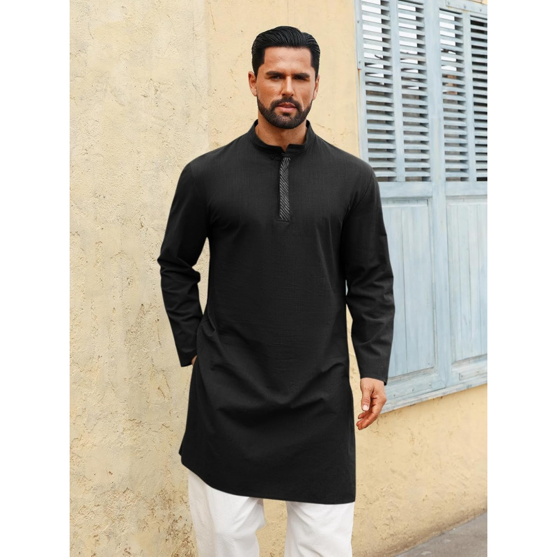 メンズカフタン・トーブ長袖カジュアルヘンリーシャツ、ボタンダ - Kurta Men Cotton のレビューと価格