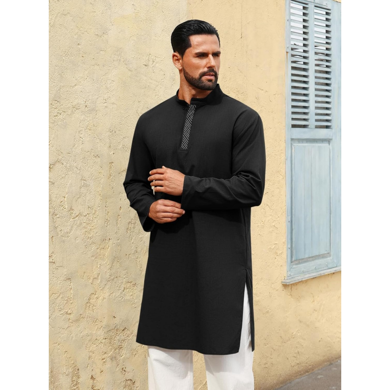 メンズカフタン・トーブ長袖カジュアルヘンリーシャツ、ボタンダ - Kurta Men Cotton のレビューと価格