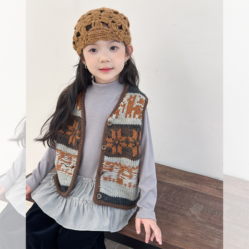 2025年秋の新作ファッション、女の子向けレトロニットベスト - Ethnic Fashion Boutique のレビューと価格
